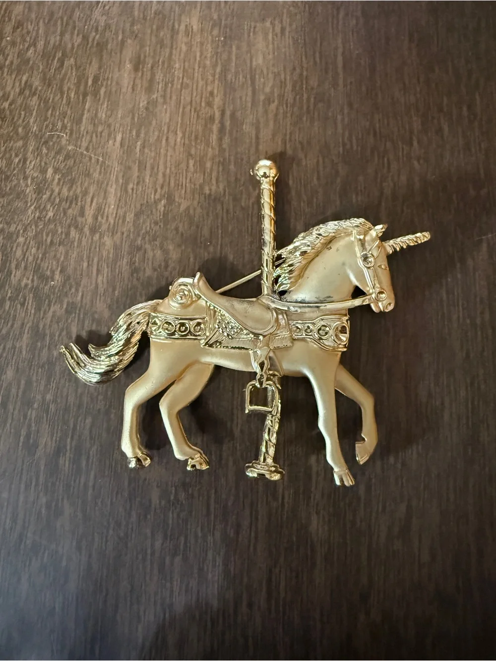 Vintage Unicorn Carousel Horse Pin Brooch Goldtone 2.5” X 3” Merry Go Round